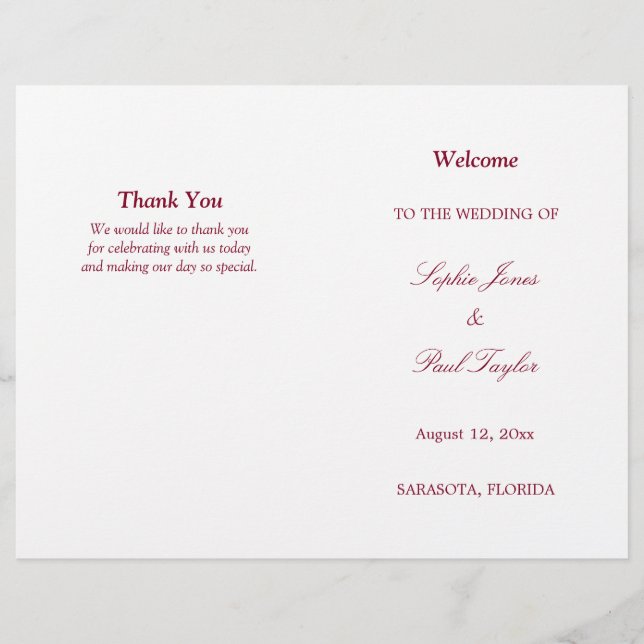 Burgundy Script Bi-Fold Wedding Program (Frente)