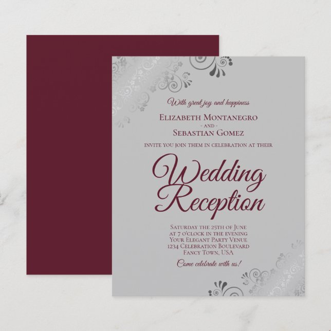 Burgundy sobre o convite à Recepção de casamento d (Frente/Verso)