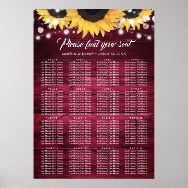 Burgundy Sunflower Wedding Table Plan 16 Poster (Frente)