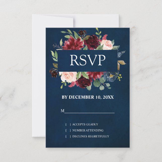 Burgundy Vermelho Naval Floral Boho Casamento RSVP (Frente)
