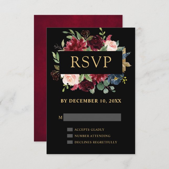 Burgundy Vermelho Naval Floral Boho Casamento RSVP (Frente/Verso)