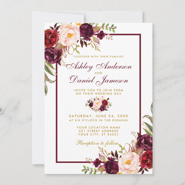 Burgundy Watercolor Convite de casamento Dourado F (Frente)