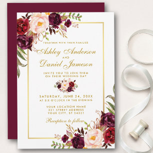 Burgundy Watercolor Convite de casamento Dourado F
