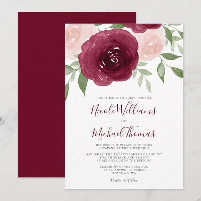 Burgundy Watercolor Convites De Casamento Floral (Frente/Verso)