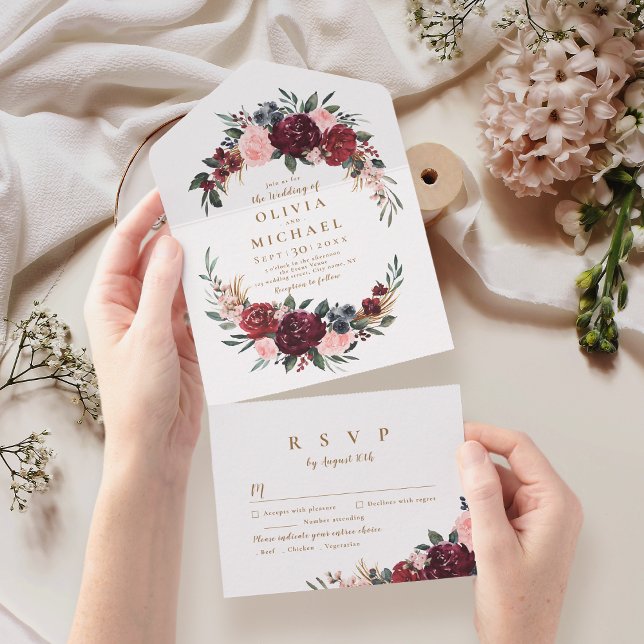 Burgundy watercolor floral rustic boho (Burgundy watercolor floral rustic boho wedding al all in one invitation)