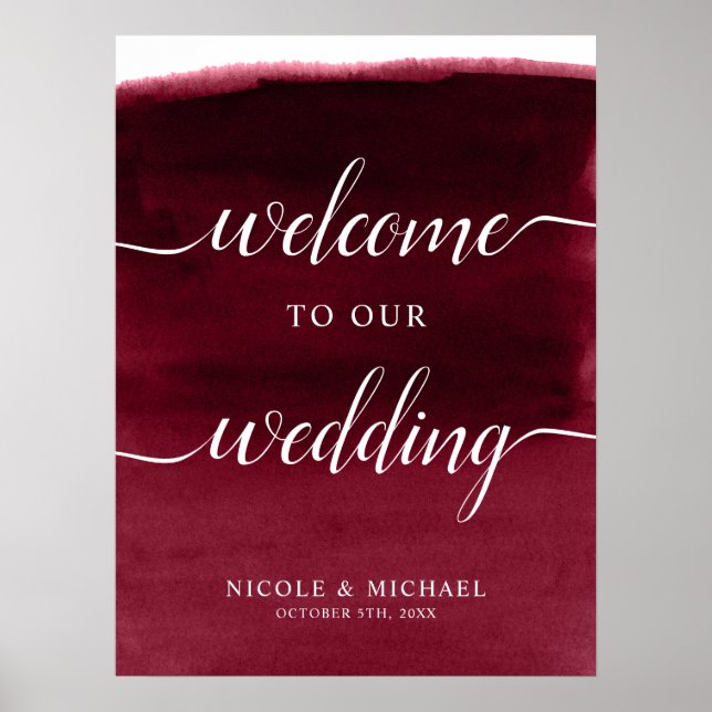 Burgundy Watercolor Weding Sign Poster (Frente)