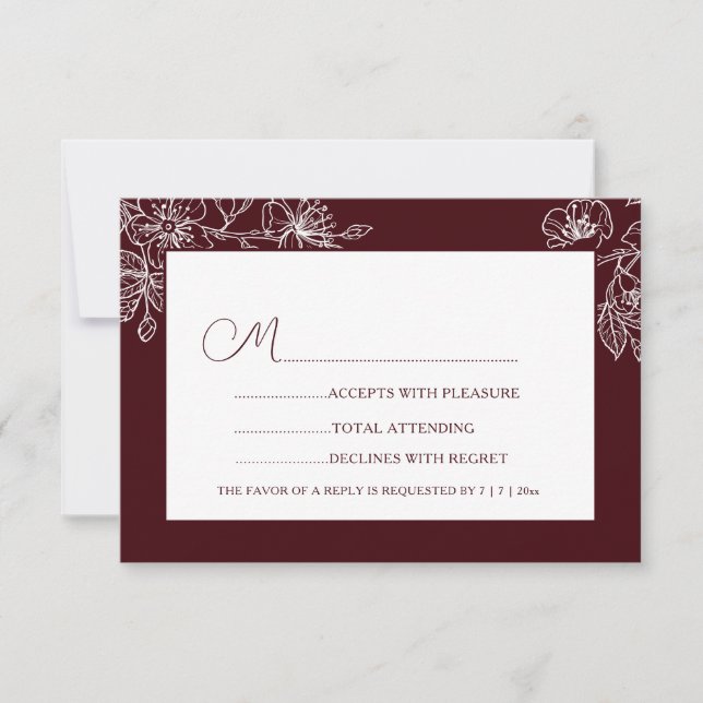 Burgundy White Floral Line Art RSVP (Frente)