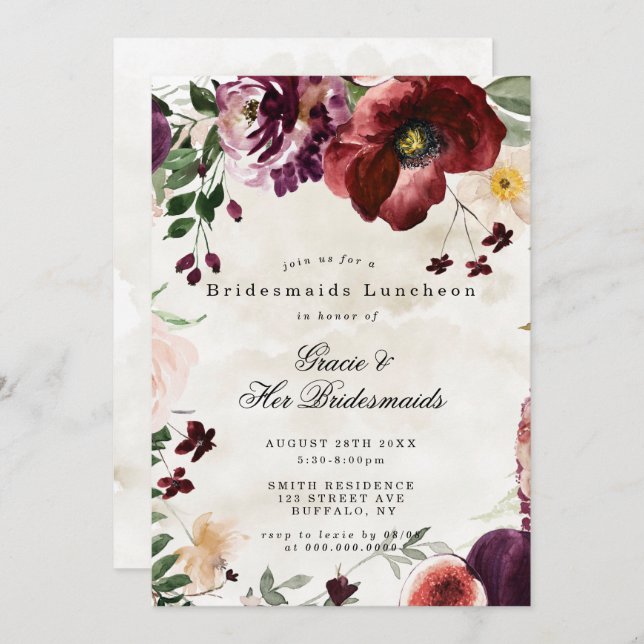 Burgundy Wildflower Bridesmaids Luncheon Invite (Frente/Verso)