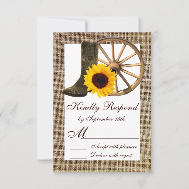 Burlap Cowboy Boots Wagon Wheel Sunflower RSVP (Frente)