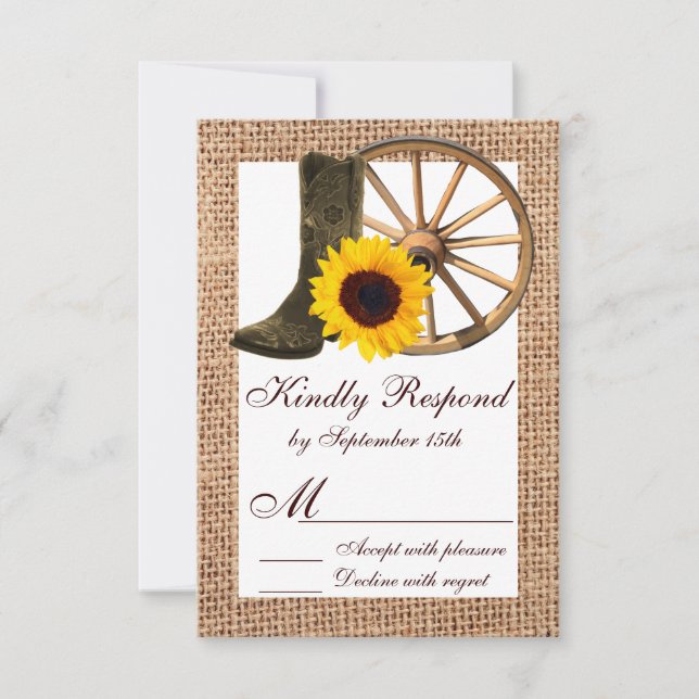 Burlap Cowboy Boots Wagon Wheel Sunflower RSVP (Frente)