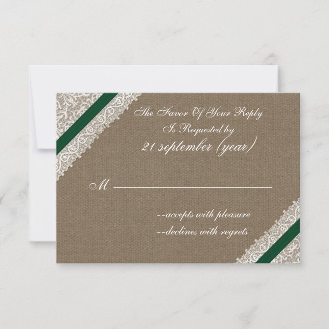 Burlap FAUX com esmerald green rsvp 3.5 x 5 (Frente)