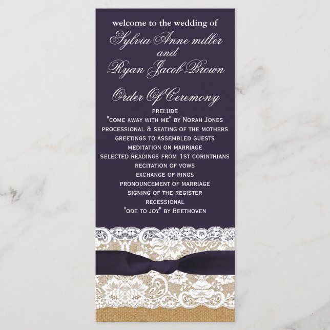 Burlap FAUX, programas de casamento apressados, du (Frente)