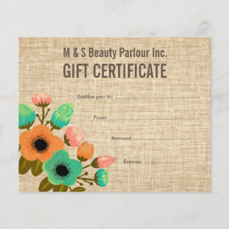 Burlap Floral Salon Gift Certificate Modelo