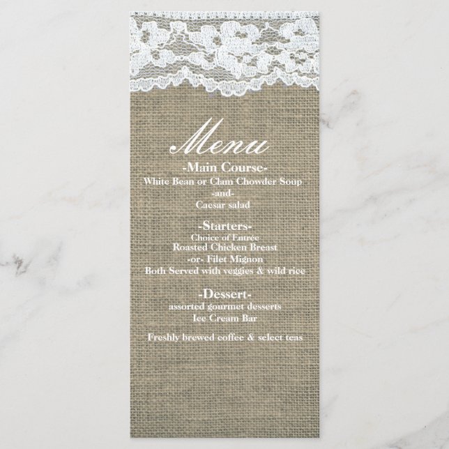 Burlap & Lace Menu Simples de Casamento Elegante R (Frente)