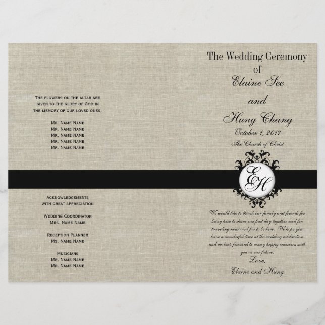 Burlap Linen Black Weding Program Chic Monograma (Frente)