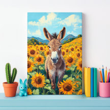 Burro em Campo de Girassóis Impressão em Tela