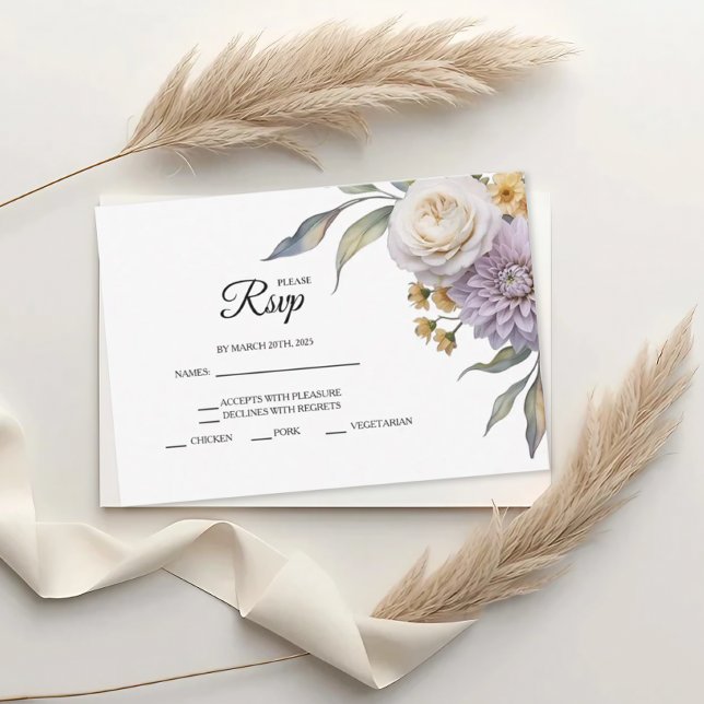 Butter Yellow And Lilac Floral Wedding RSVP Cards (Criador carregado)