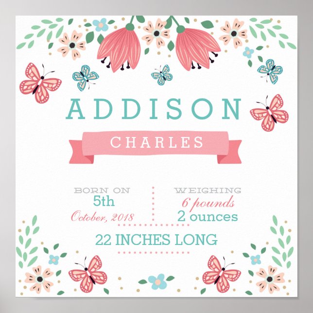 Butterfly Floral Garden Baby Stats Poster (Frente)