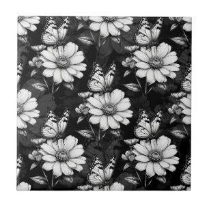 Butterfly On Flower Patterne Design - Preto