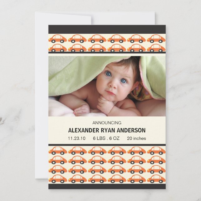 Buzina! Carros Laranja Bebê Menino Anúncio de Nasc (Frente)