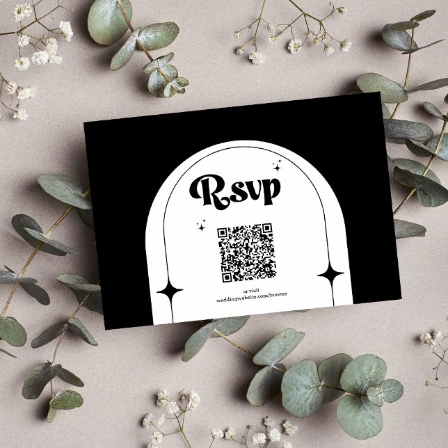 Ca RSVP de Casamento Preto e Branco com Arco Retro (Criador carregado)