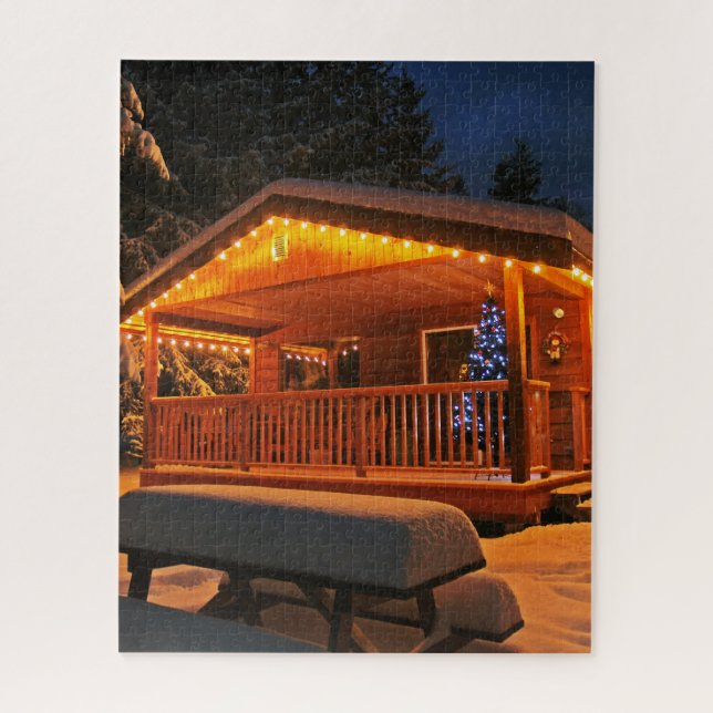 cabana de natal quebra-cabeça neve noite (Vertical)