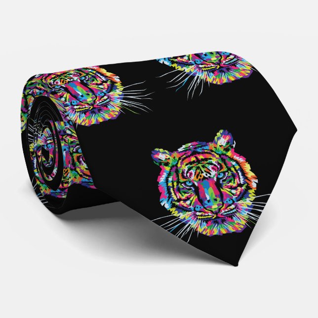 Cabeça Colorida De Tigre Na Gravata Negra (Rolled)