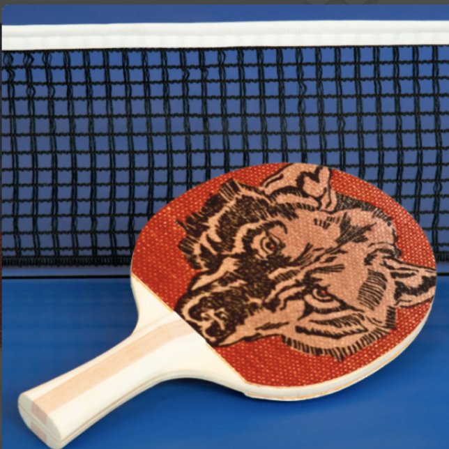 Cabeça de Lobo em Raquete de Ping Pong Vermelha (Wolf Head on Red  Design Ergonomic handle. Paddle core constructed with quality laminated hardwood.
)
