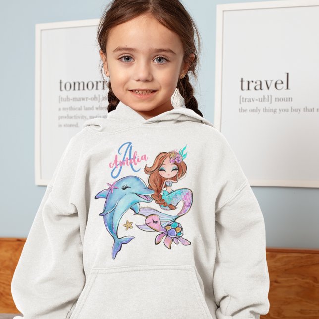 Cabelo Castanho Sereia Personalizada Crianças Nome (Brown Hair Mermaid Custom Kids Name Pink Girl Hoodie
)