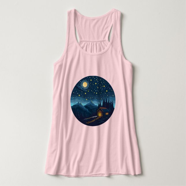 Cabina Noturna Cozy Sob Camisa T De Céu Estrelado (Frente do Design)