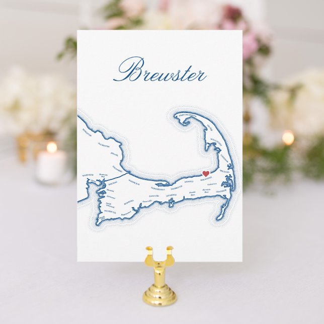 Cabo Cod Mesa Nome Cartões Brewster (Brewster Cape Cod Wedding Table Town Name Cards fully editable with elegant navy blue map)