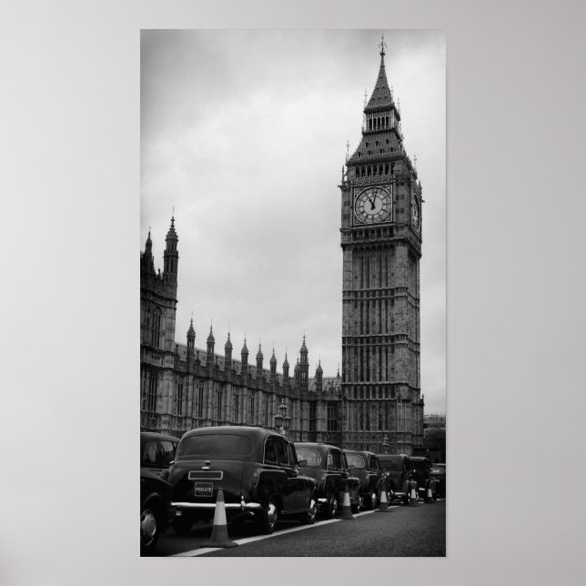 Cabos de táxi Big Ben en em poster preto e branco (Frente)
