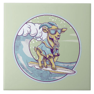 Cabra de animação num prato de surfe