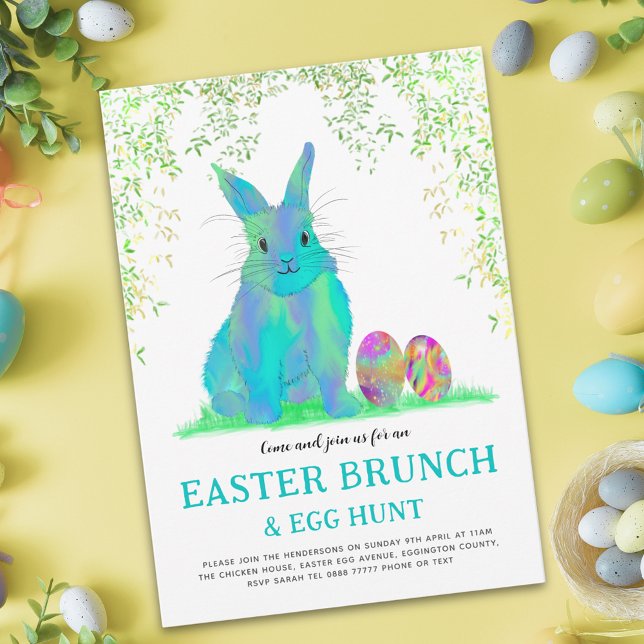 Caça ao Ovo de Páscoa e Coelhinho Azul de Brunch (Easter egg hunt spring brunch cute blue bunny & eggs garden party budget invitation)