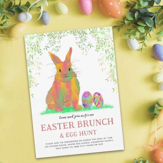 Caça ao Ovo de Páscoa e Convite para Coelhinhos de (Easter egg hunt spring brunch colorful cute bunny and eggs garden party invitation)