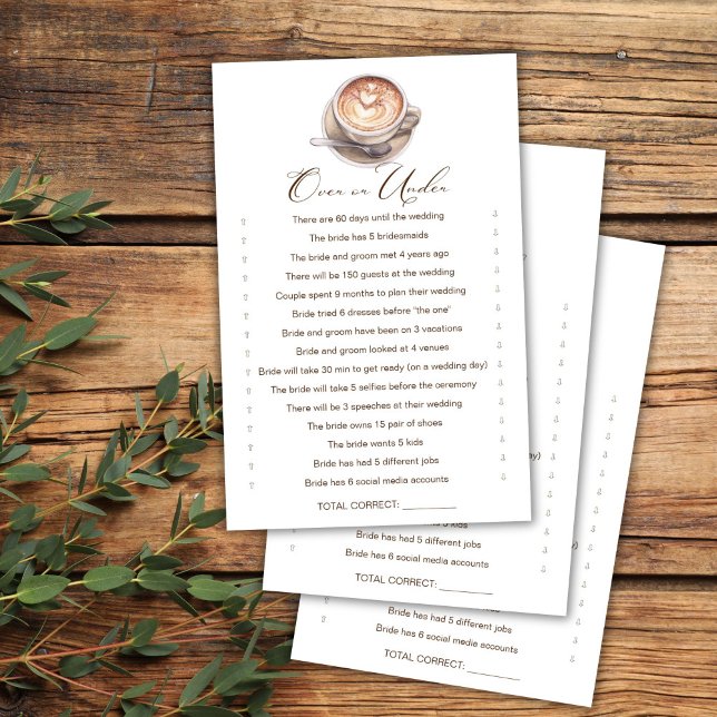 Caça de chá de panela em café ou abaixo do café (Over or Under love is brewing coffee cappuccino fall bridal shower games card)