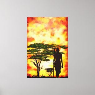 Caçador Africano com Lança no Sunset Canvas Print