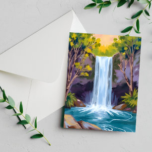 Cachoeira Azul Cartão de Pintura de Paisagem Flo