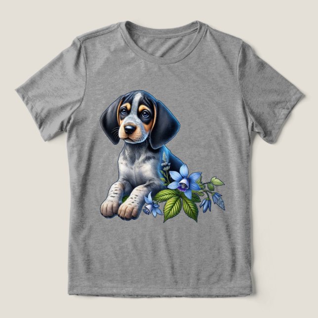Cachorro Azul de Caça com Flores Azuis Delicadas (Design frontal)
