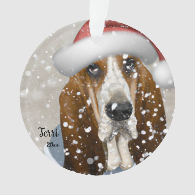Cachorro Basset, Natal, Papais noeis Ornamento de  (Frente)