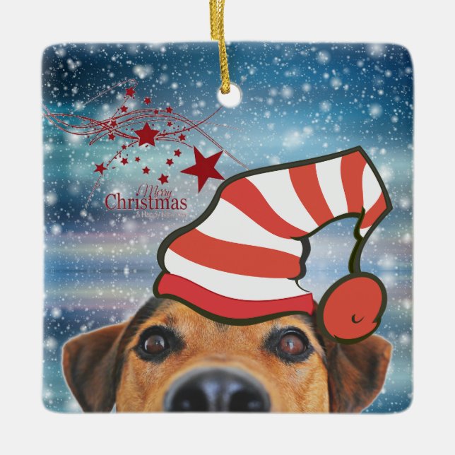Cachorro com Chapéu de Papai Noel Enfeite de Cerâm (Frente)