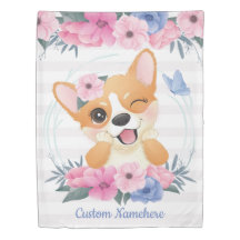 Cachorro Corgi Fofo Coroa de Flores Borboleta Azul