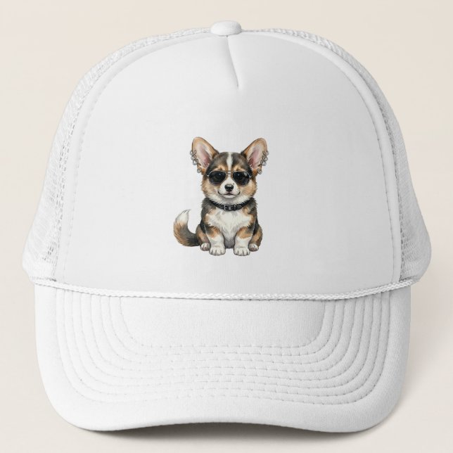 Cachorro Corgi Punk de Óculos de Sol e Boné - Arte (Frente)