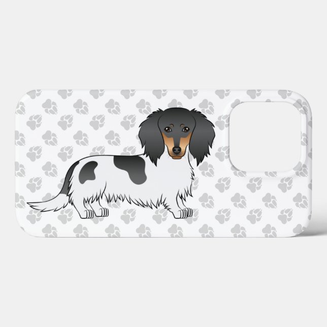 Cachorro Dachshund Pelo Longo Preto e Bege Piebald (Verso (horizontal))