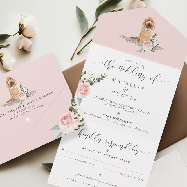 Cachorro d'água e Rosa Rosa Rosa Elegante (Watercolor Dog & Elegant Pink Rose Floral All In One Invitation)