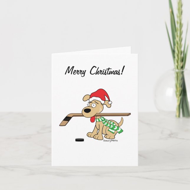 Cachorro de Hóquei Feliz Cartão de Natal (Frente)
