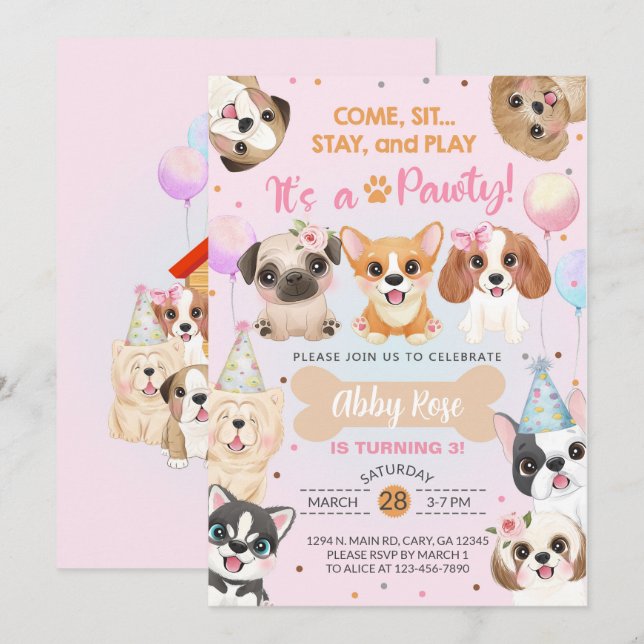 Cachorro, filhotes, convite de aniversário de uma  (Frente/Verso)