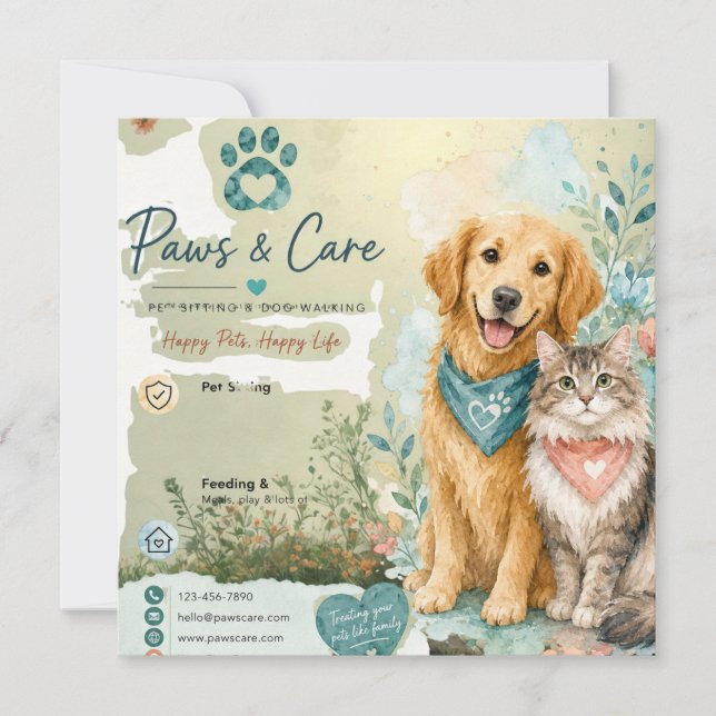 Cachorro Fofo e Cartão Plano de Babá de Gatos e Ca (Frente)