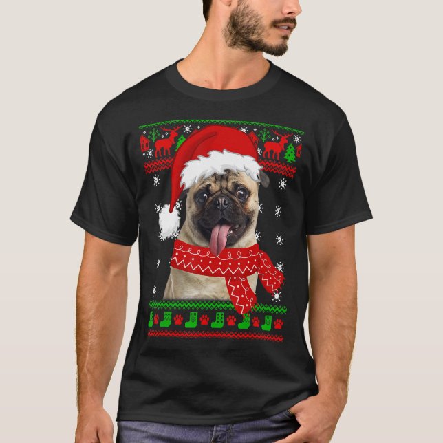 Cachorro Fofo Pug Chapéu de Papai Noel Suéter de N (Frente)
