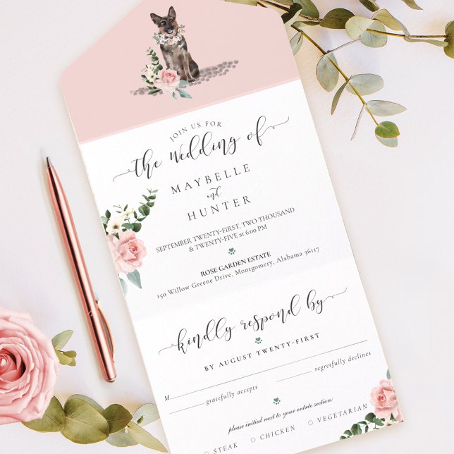 Cachorro-German shepherd Cachorro e Rosa Rosa Rosa (Watercolor German Shepherd Dog & Floral Pink Rose All In One Invitation)